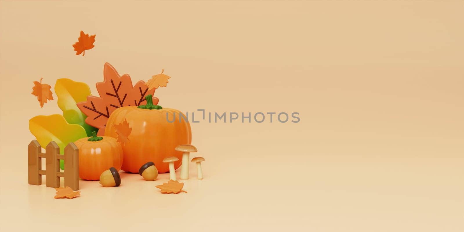 Autumn Display Background with Autumn leaves and product display. 3d render illustration..