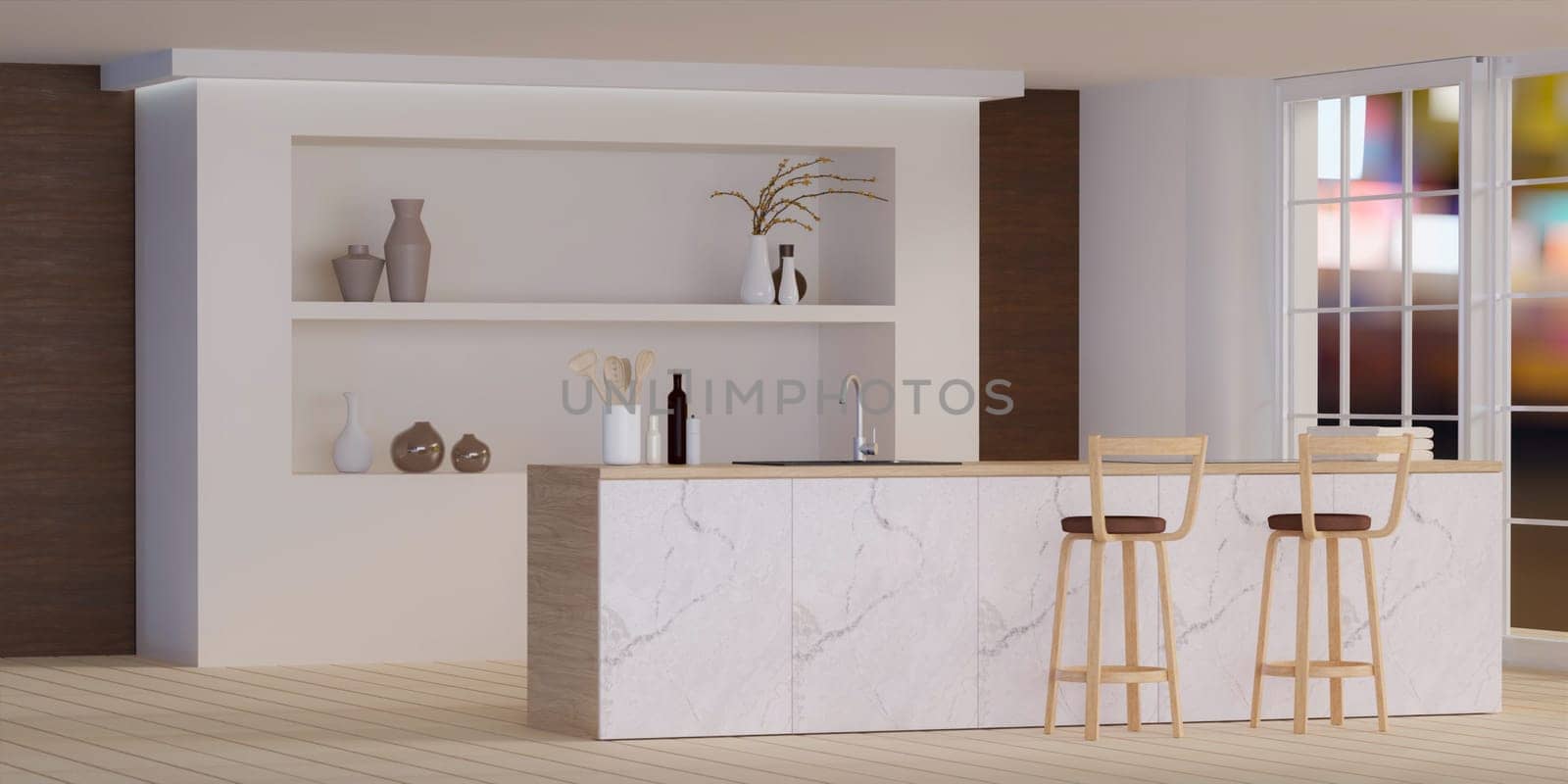 Modern elegant kitchen. wooden walls, marble tabletop, modern bar and stool. interior kitchen room. 3D rendering by meepiangraphic