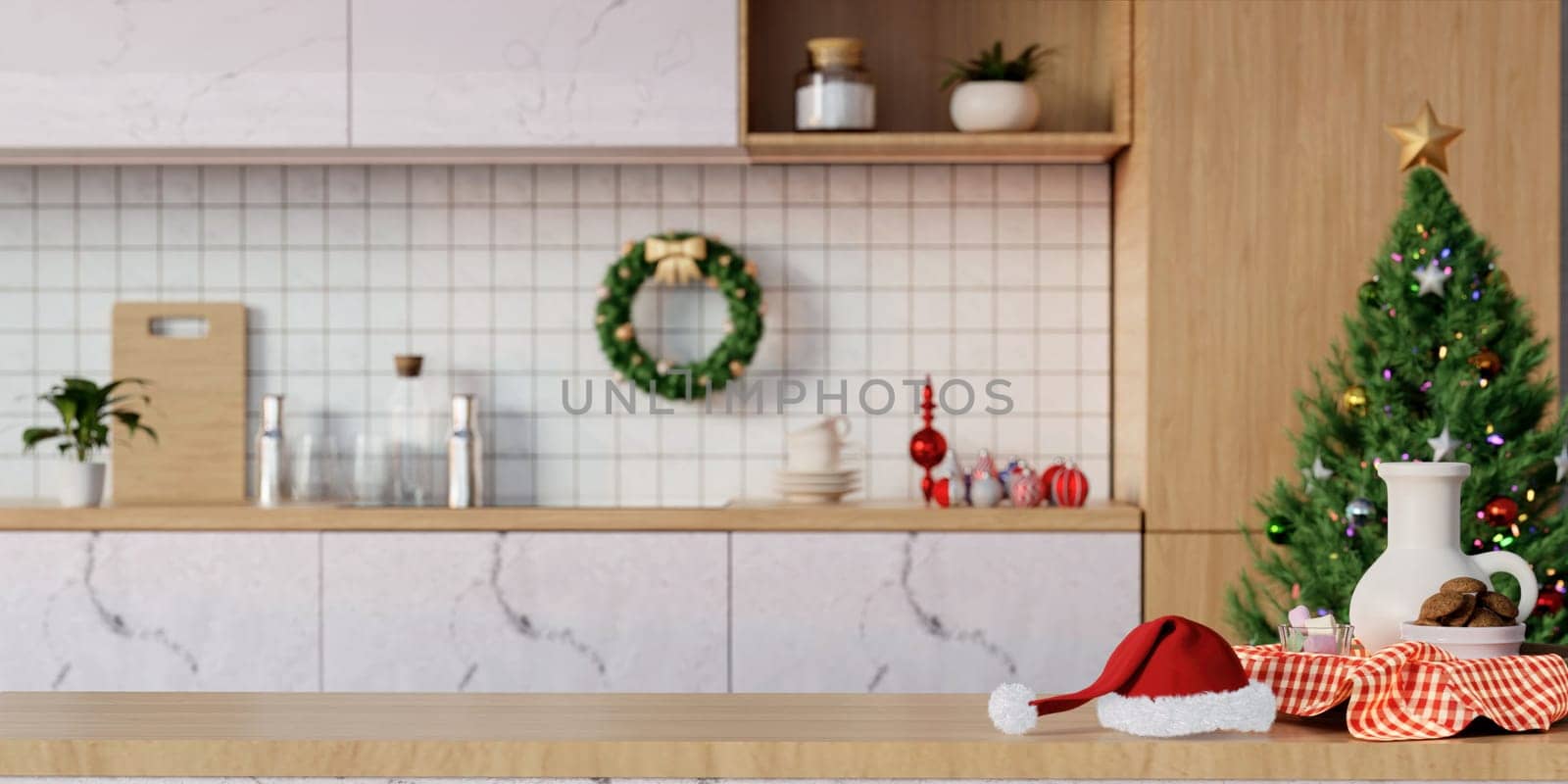 Christmas kitchen room with a christmas tree and Christmas decorations - modern classic style, 3D render.