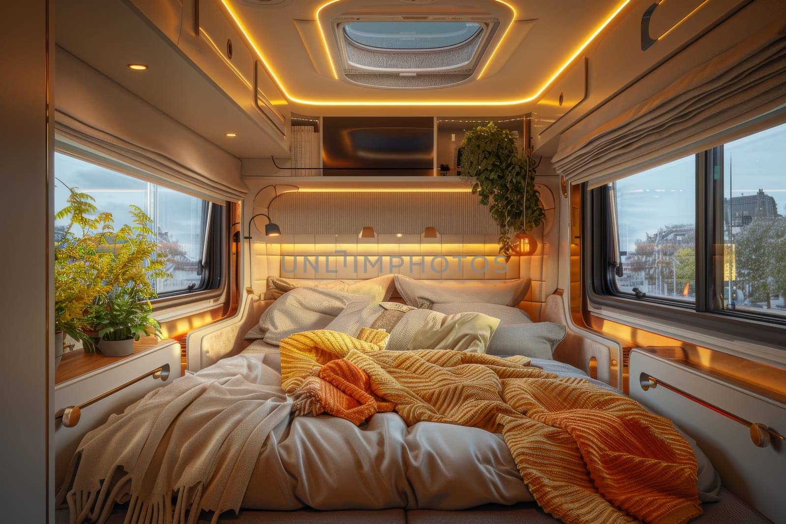 luxury bedroom of camper van. camping concept.