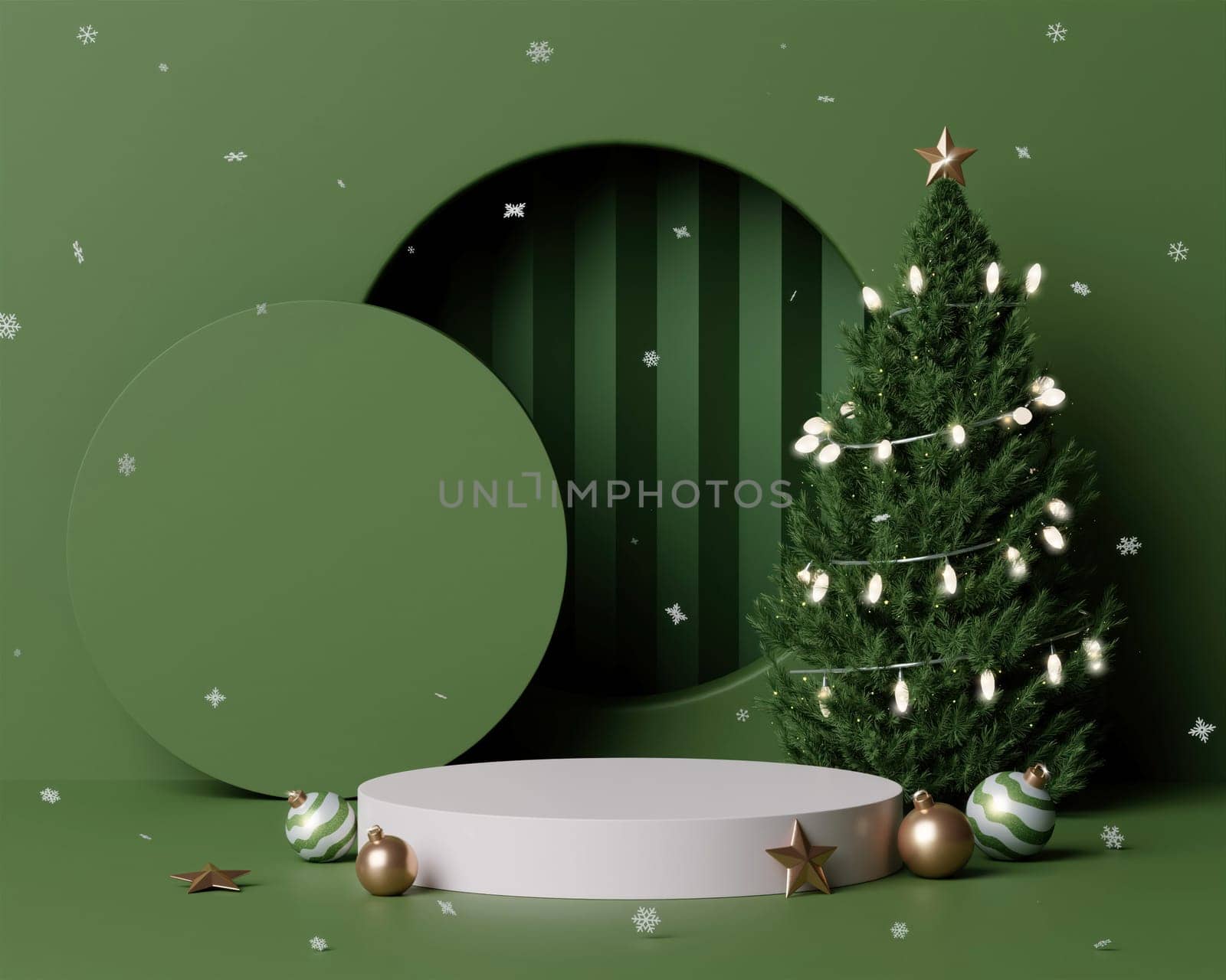 3d Christmas tree podium. Realistic 3d design stage podium. Decorative festive elements glass bauble balls. Xmas holiday template podium. by meepiangraphic