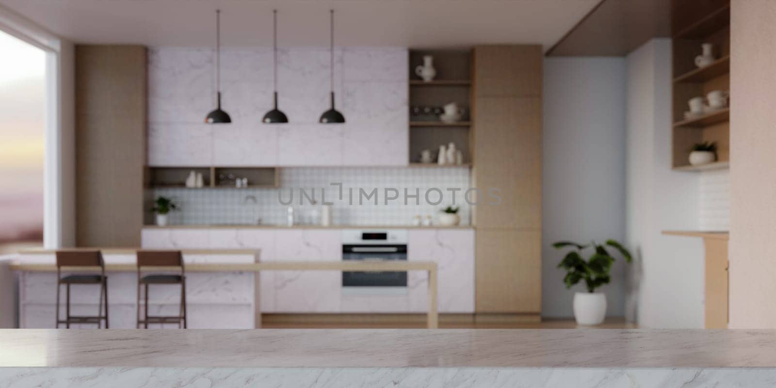 3d Empty space on a white marble kitchen tabletop in a modern white kitchen. kitchen interior white marble and wood material. 3D render illustration.