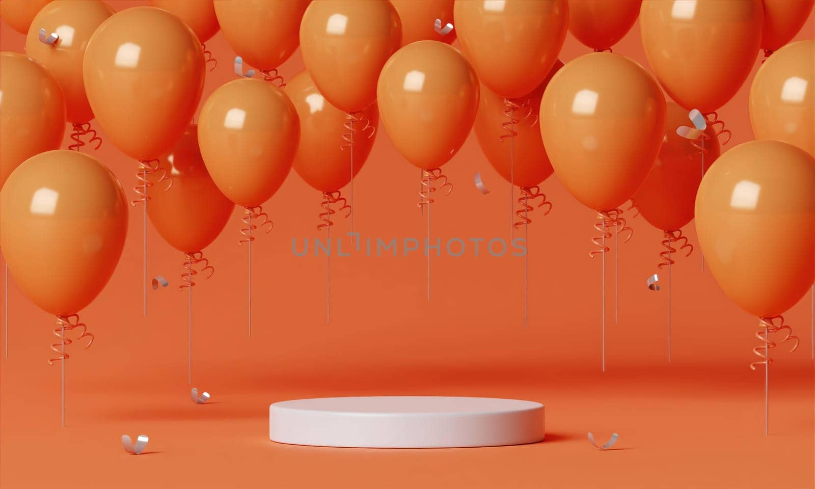 orange balloons floating with podium for product presentation on orange background. new year party concept. 3d render illustration..