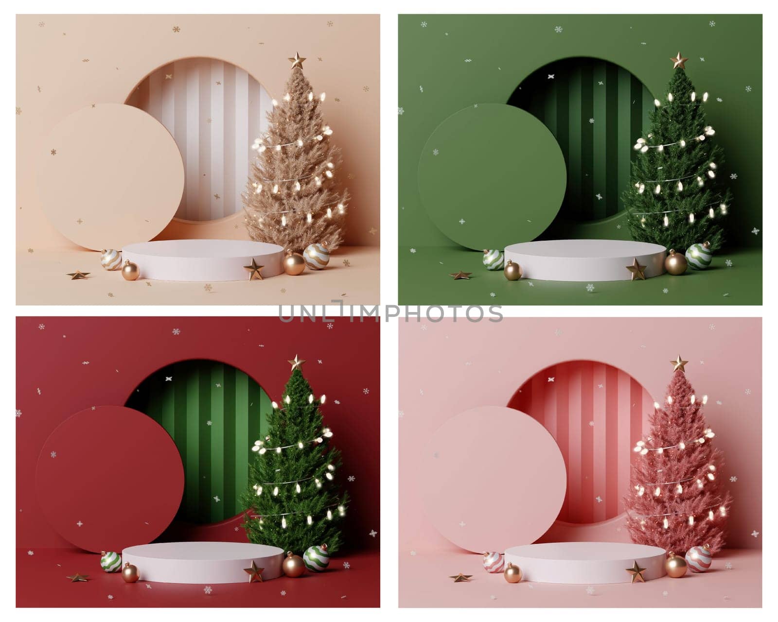 3d Christmas tree podium. Realistic 3d with 4 design stage podium. Decorative festive elements glass bauble balls. Xmas holiday template podium..