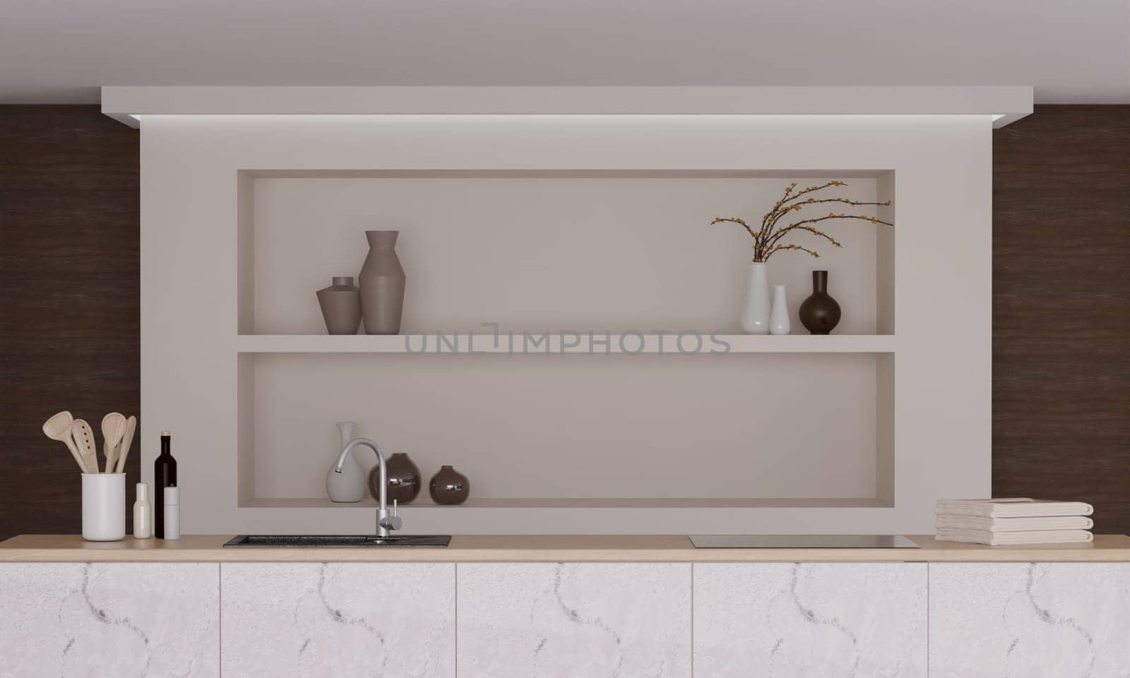 Modern elegant kitchen. wooden walls, marble tabletop, modern bar. interior kitchen room. 3D rendering by meepiangraphic