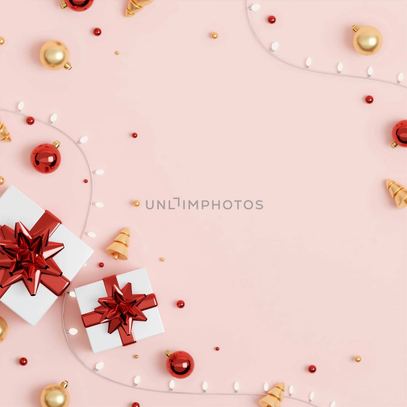 Christmas banner. Background Xmas design of sparkling lights garland, with realistic gifts box, glitter gold confetti. square New Year poster, greeting card, header, website. 3d render.