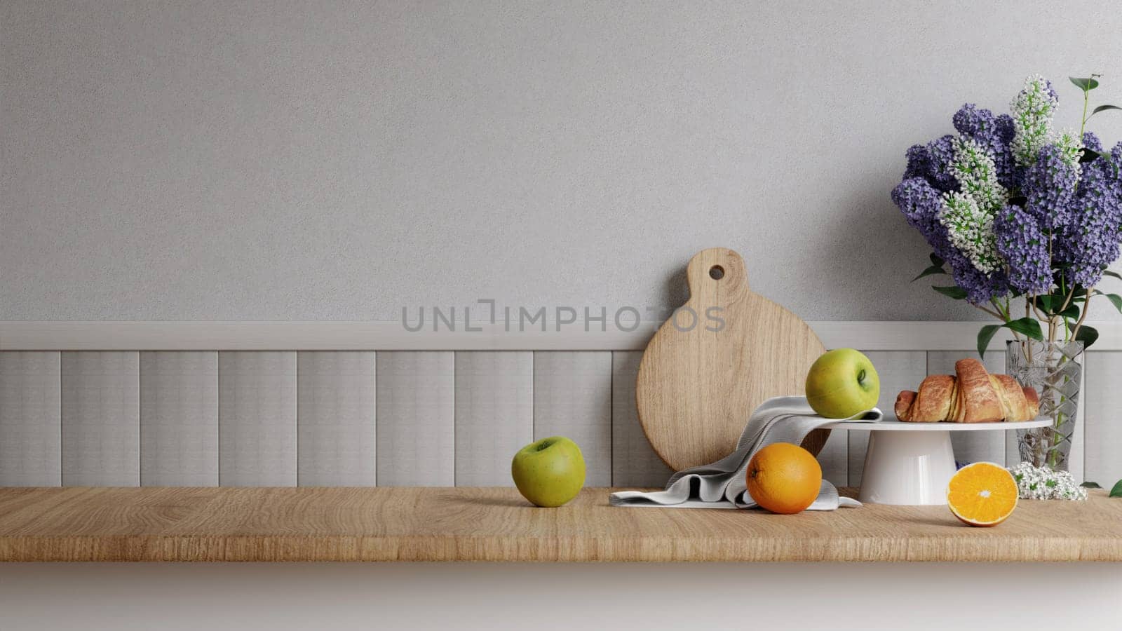 Blank empty space on beautiful wood. wooden counter top with croissant, fruit, flower Backdrop. 3d render illustration.
