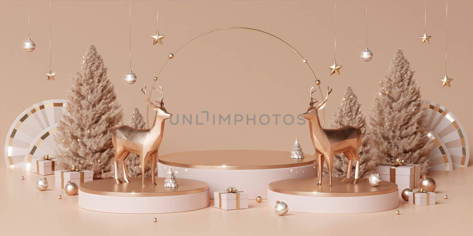 3d Christmas podium template design. Merry Christmas text with gold deer and pine tree elements for xmas mock up presentation background..