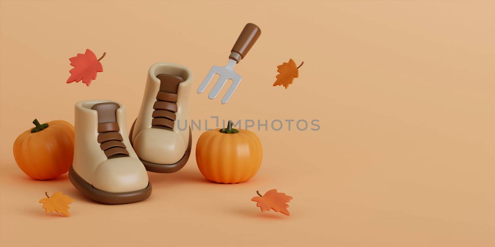 Hello Autumn with boot, leaves, pumpkins, and Shoveling fork background. 3d Fall leaves for the design of Fall banners, posters, advertisements, cards, sales. 3d render illustration..
