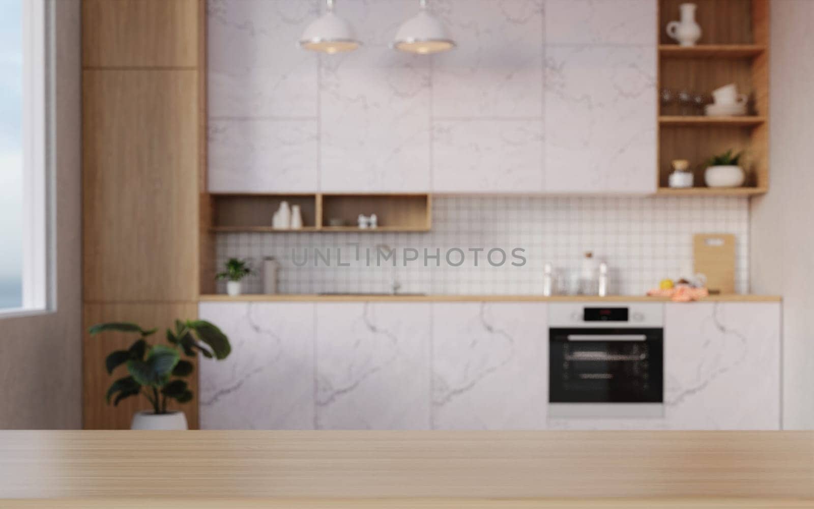 Stylish top tabletop on wooden platform with copy space at blurry kitchen utensils and dishes on light wall background. 3D render illustration.