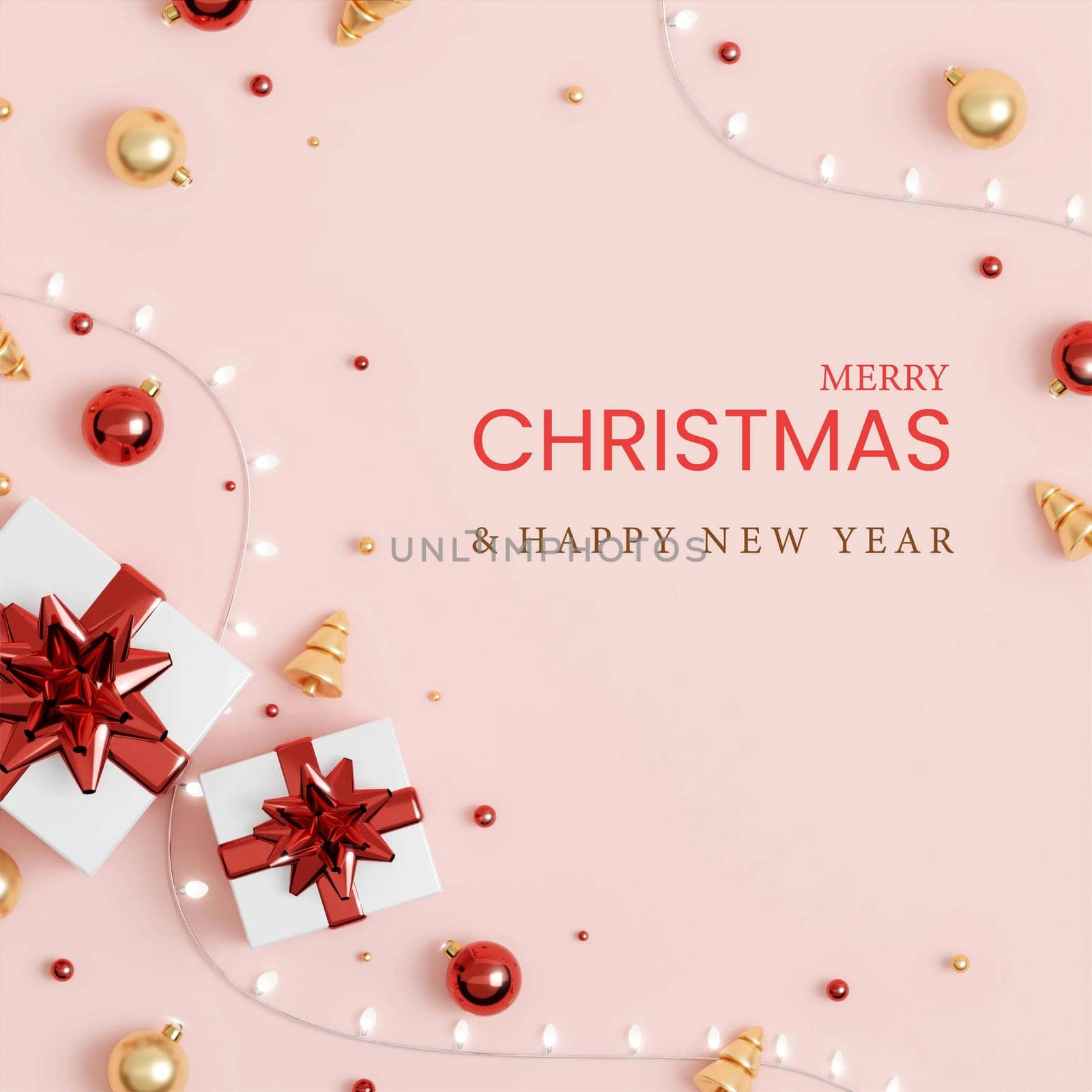 Christmas banner. Background Xmas design of sparkling lights garland, with realistic gifts box, glitter gold confetti. square New Year poster, greeting card, header, website. 3d render by meepiangraphic