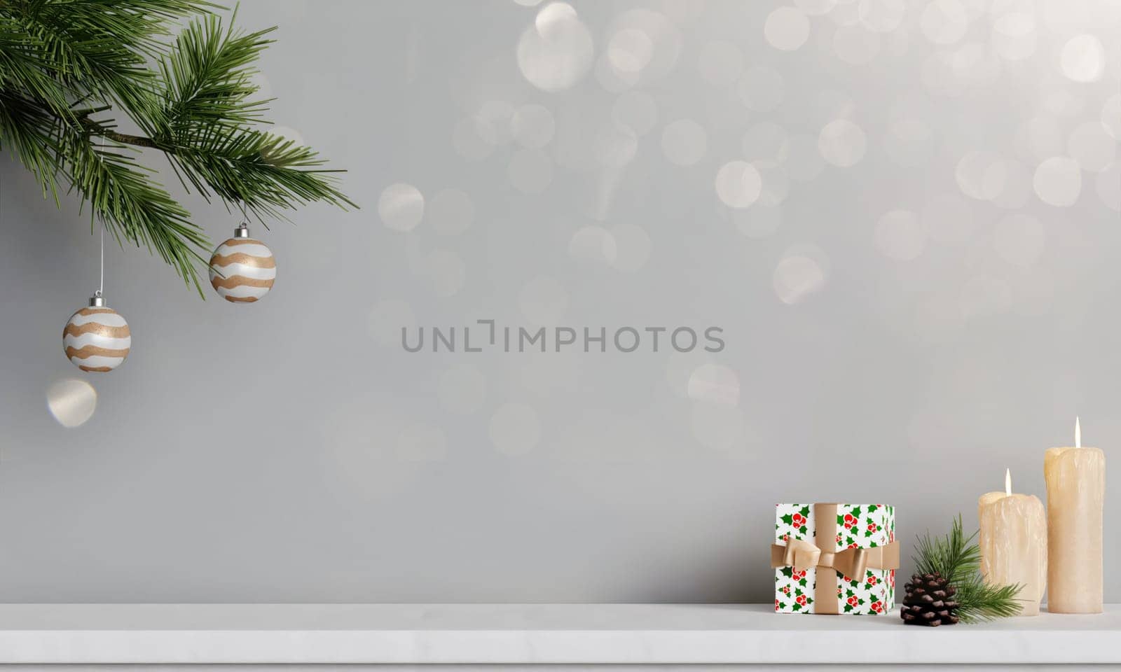 Christmas interior wall mockup with hanging pine branches with holiday decorations above rustic marble shelf on empty white background. 3D rendering, illustration. by meepiangraphic