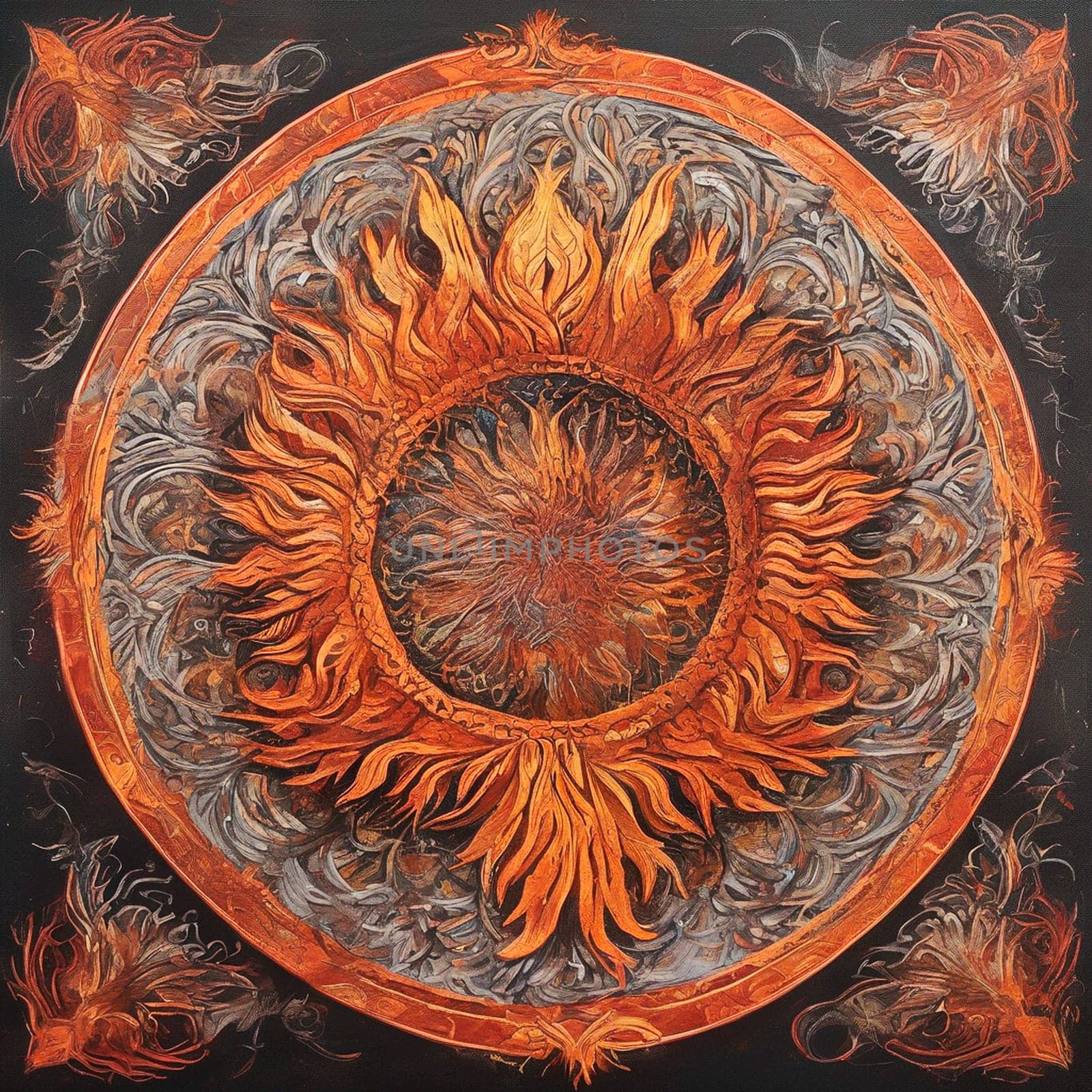 Kaleidoscope of a glowing mandala in red orange golden colors, flames sparks circle symmetrical design on black background.