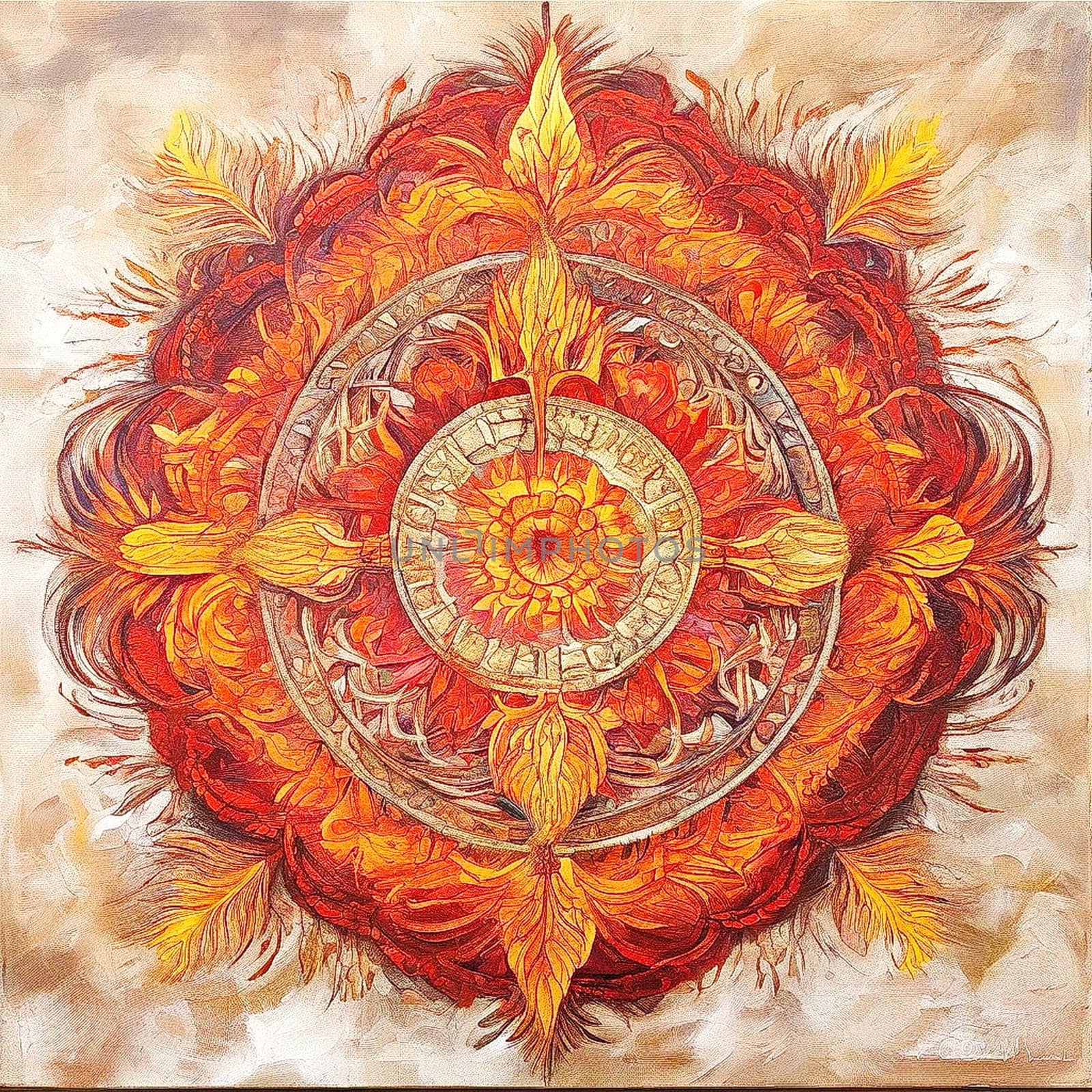 Kaleidoscope of a glowing mandala in red orange golden colors, flames sparks circle symmetrical design.