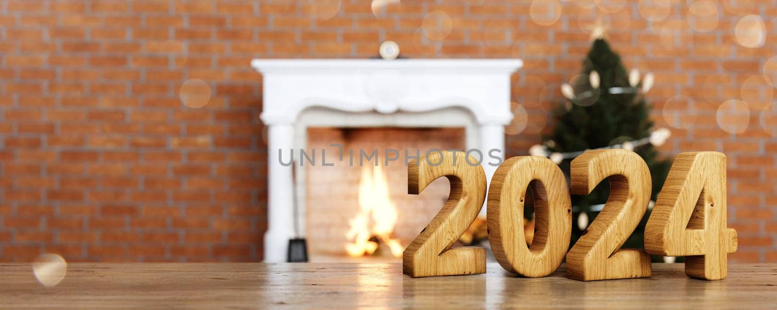 Merry christmas and happy new year. Christmas decoration living room. Festive cosy holiday background. 3D Rendering. 3D Illustration.