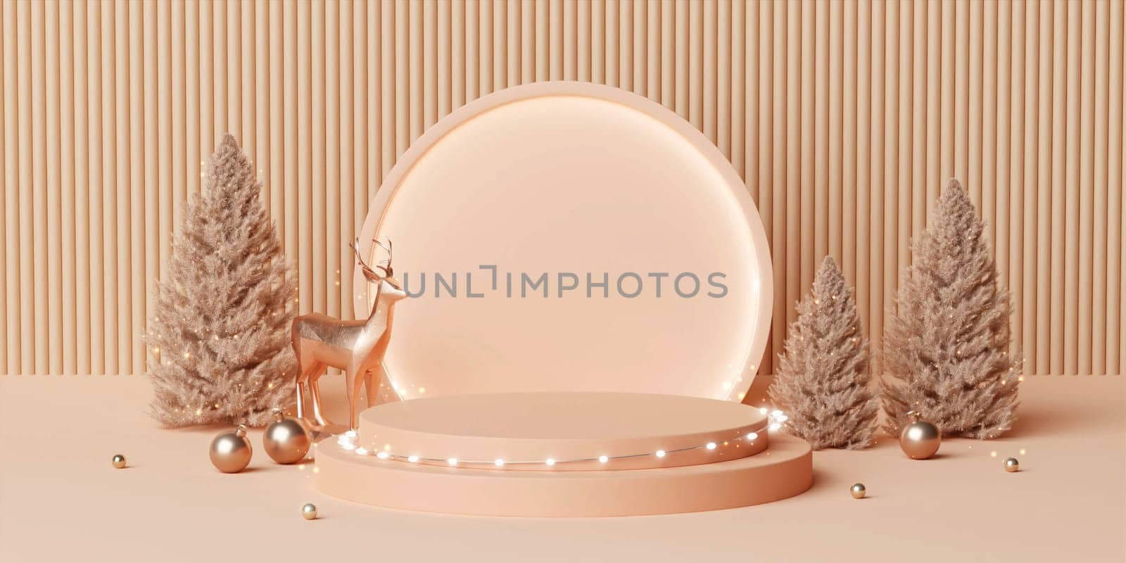 3d Christmas podium template design. Merry Christmas text with gold deer and pine tree elements for xmas mock up presentation background. by meepiangraphic