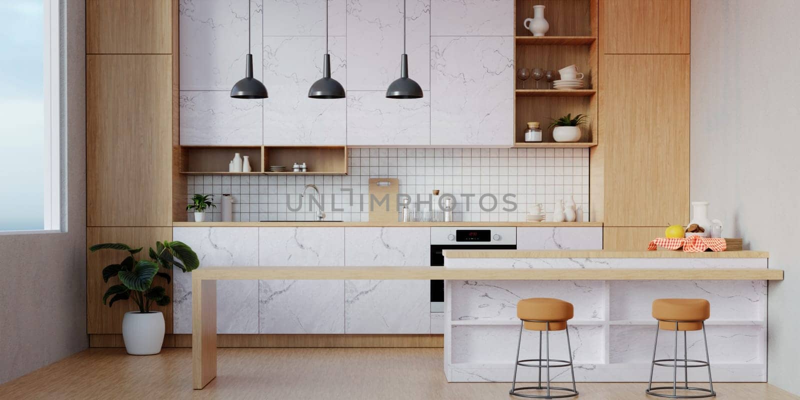 Modern Contemporary kitchen room interior .white marble and wood material 3d render.