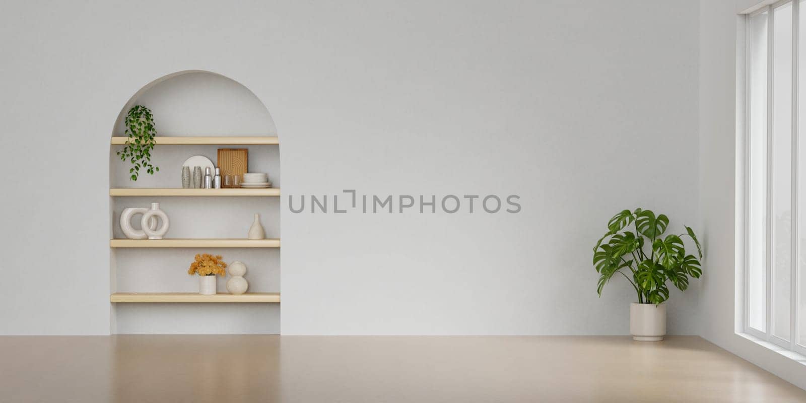 Modern minimalist interior on empty white wall background.3D rendering by meepiangraphic
