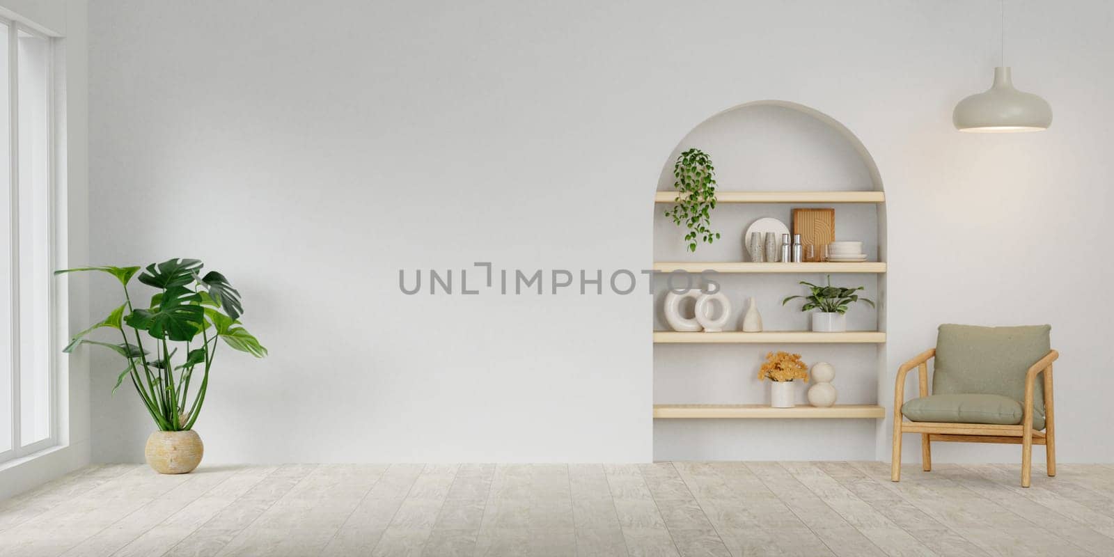 Modern minimalist interior with an armchair and plant on empty white wall background.3D rendering by meepiangraphic