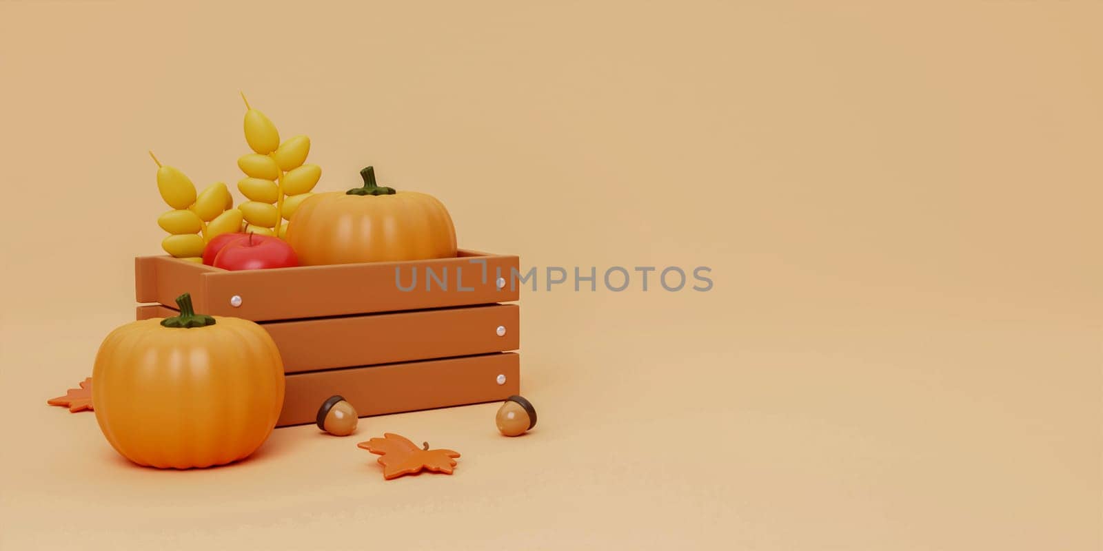 3d Autumn season fruit with basket. concept of autumn, winter and outdoors. copy space text, 3D rendering.
