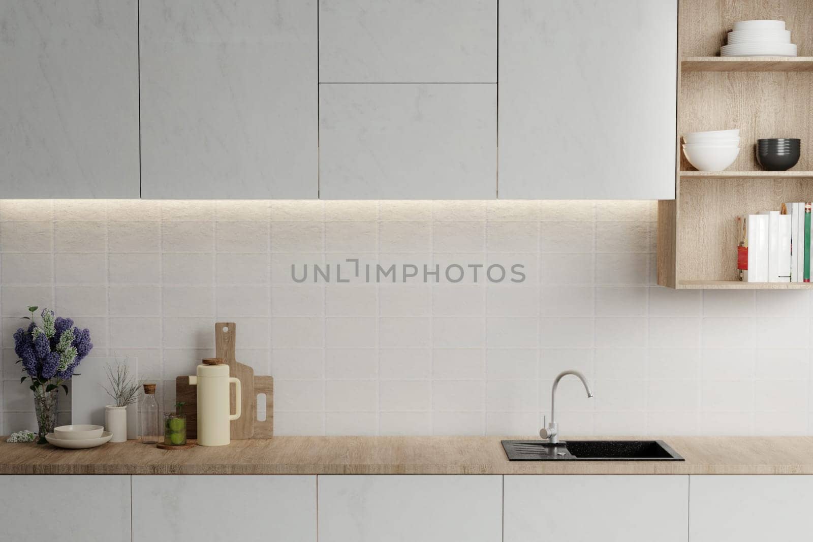 Minimal cozy counter mockup design for product presentation background or branding with bright wood top white counter and wall with mug chop fork spoon cup. Kitchen interior. 3D render illustration.