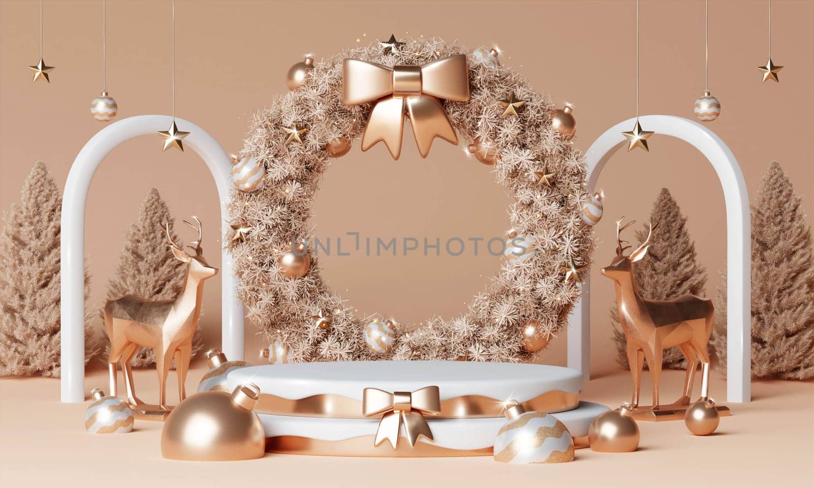 3d Christmas Wreath podium. Realistic 3d design stage podium. Decorative festive elements glass bauble balls. Xmas holiday template podium. by meepiangraphic