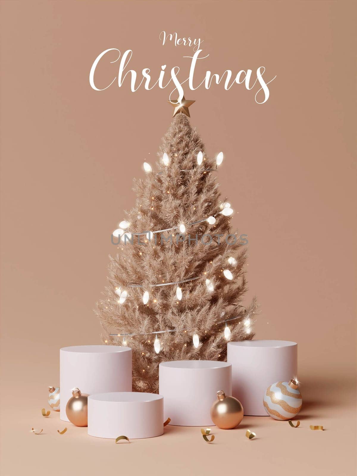 3d Christmas tree podium. Realistic 3d design stage podium. Decorative festive elements glass bauble balls. Xmas holiday template podium. by meepiangraphic