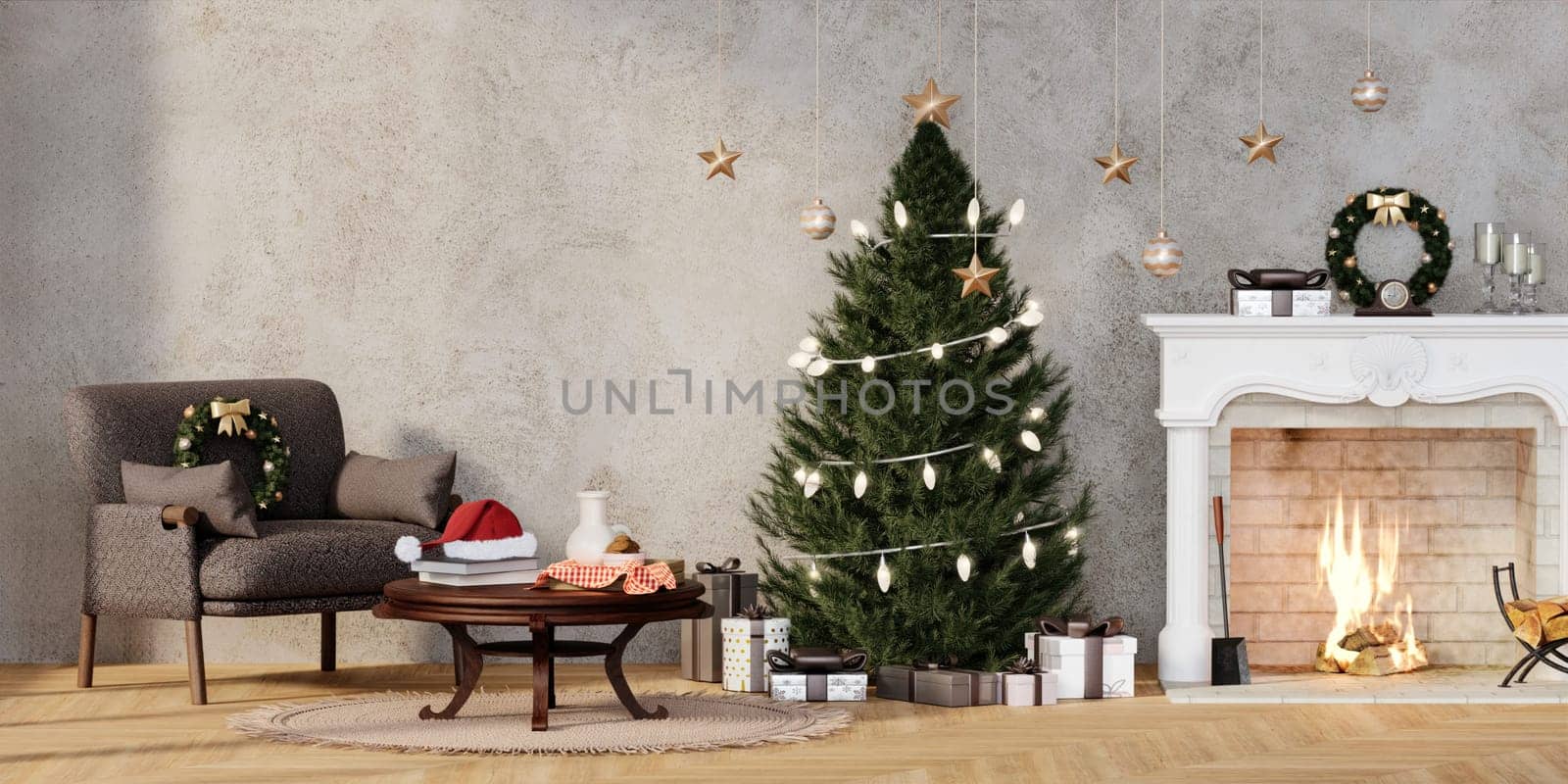 Christmas living room with a christmas tree and presents under it - modern classic style, 3D render, 3D illustration by meepiangraphic