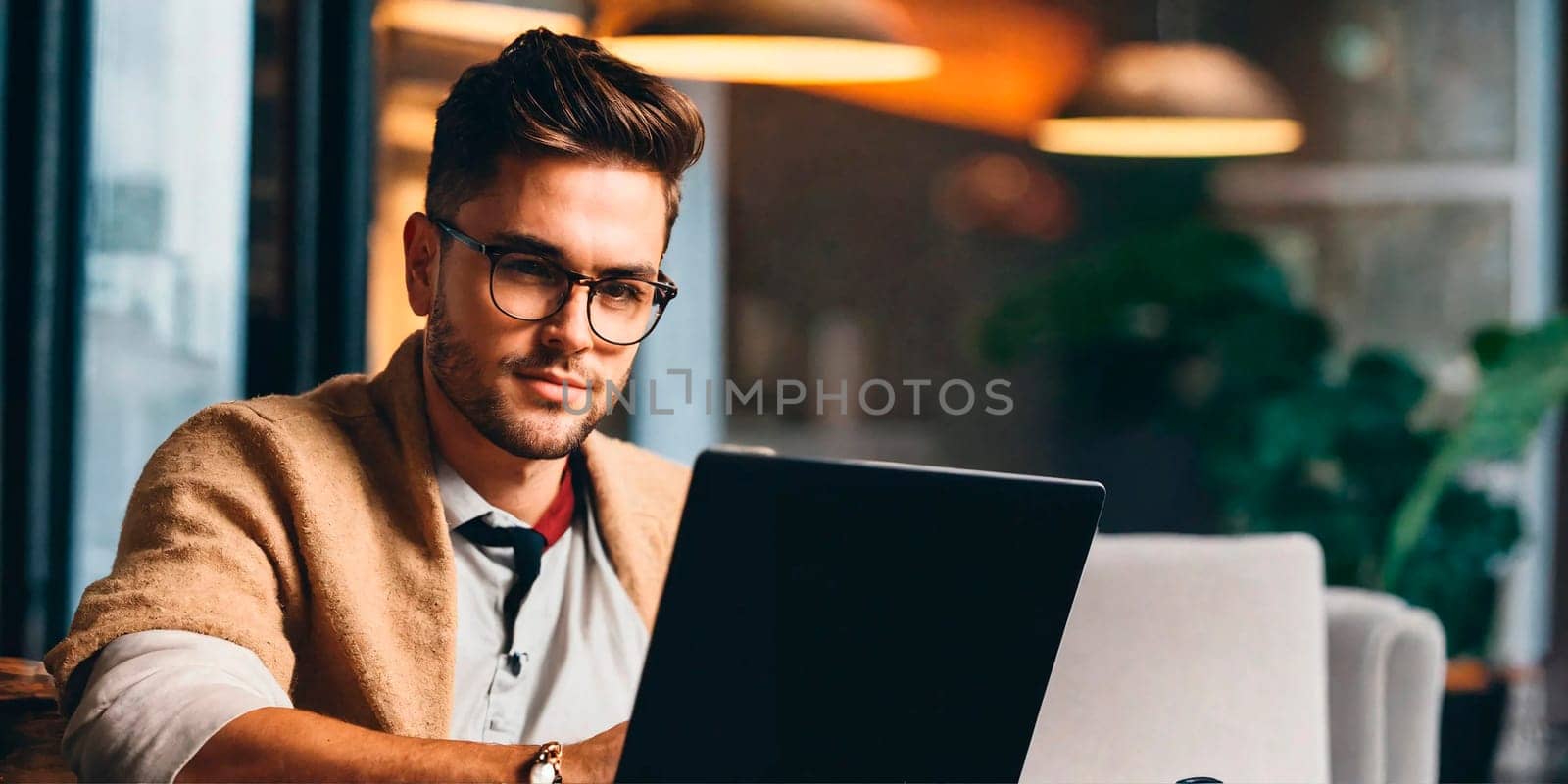 A man with glasses works at a computer in the tropics. Generative AI. High quality photo