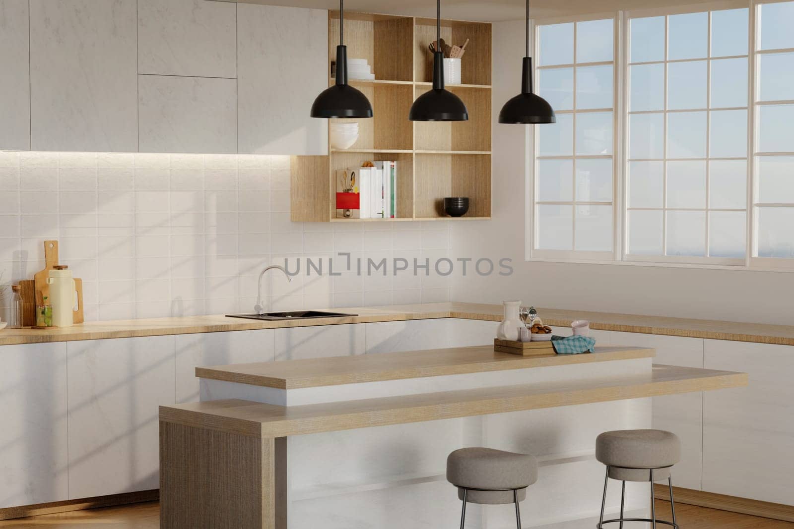 Minimal cozy kitchen white modern interior in farmhouse style. nordic kitchen in loft apartment. 3D rendering. by meepiangraphic