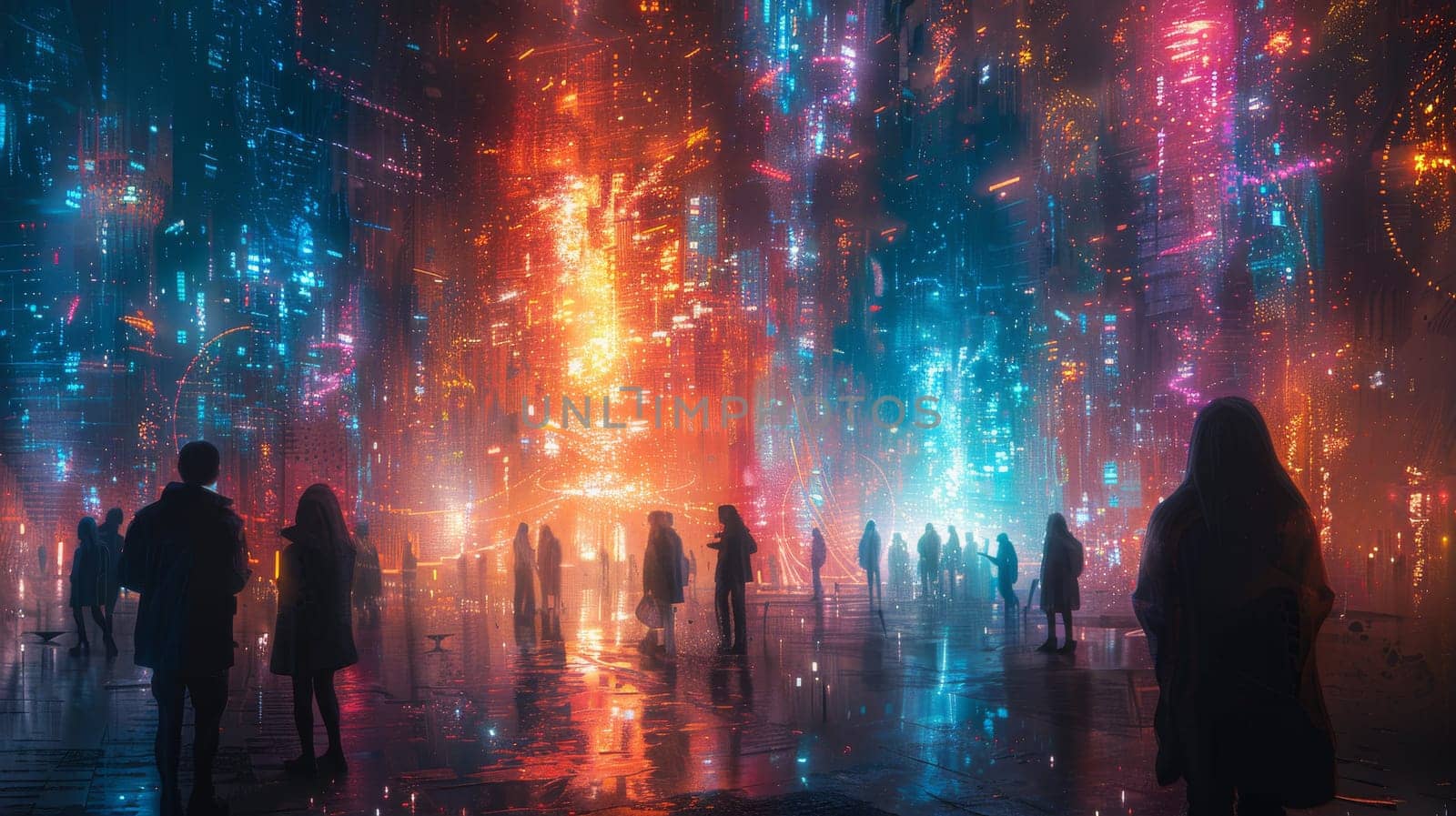 A group of people are walking down a street in a city with neon lights and a colorful sky