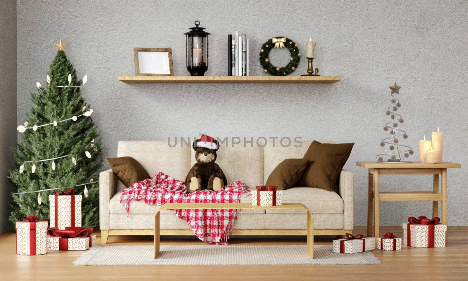 Christmas living room with a christmas tree and presents under it - modern classic style, 3D render, 3D illustration.