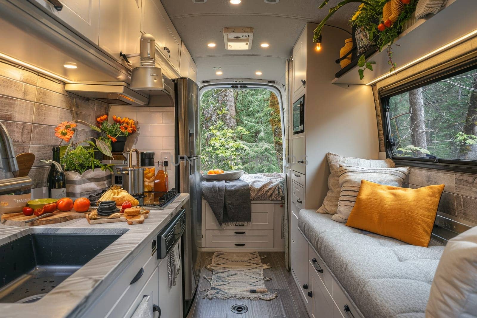 Kitchen inside a modern camper van. interior design.