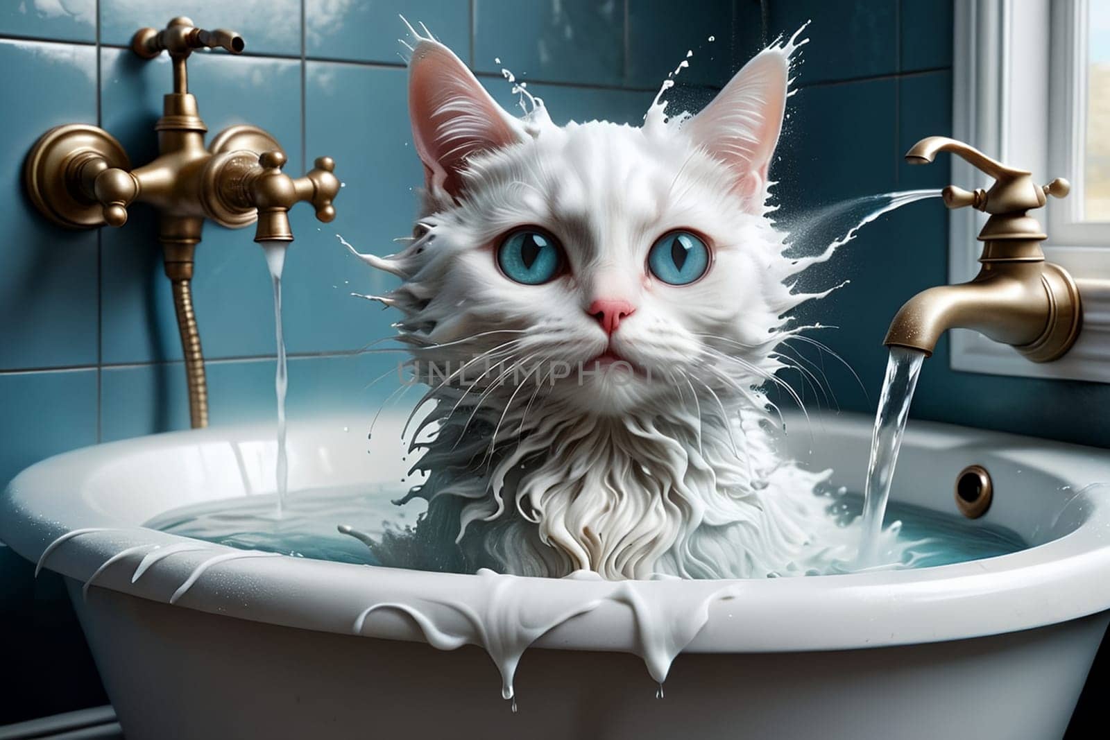 dirty cat washes itself in the bathroom. AI generated image.