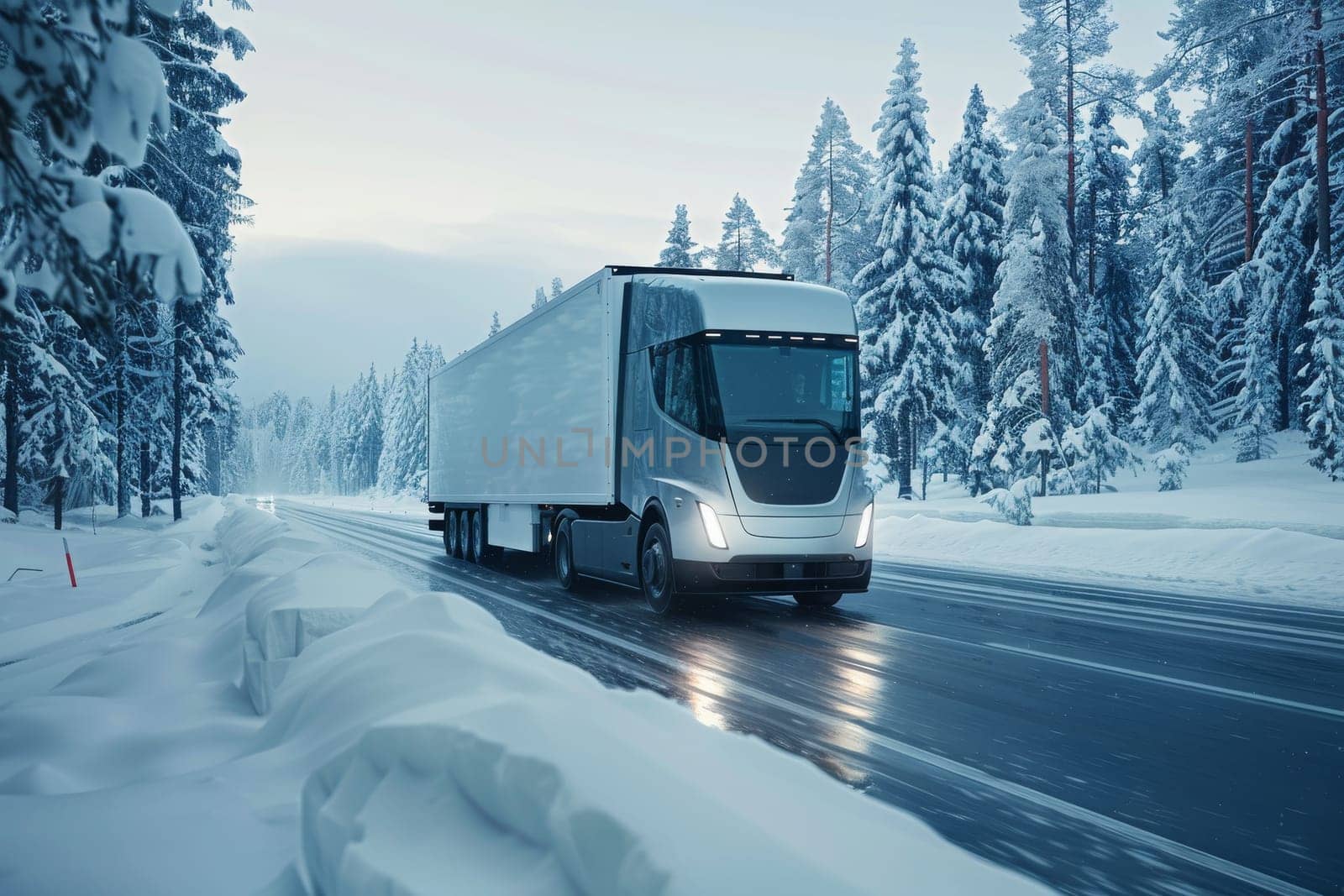 A silver semi truck is driving down a snowy road. The truck is surrounded by trees and the sky is cloudy. Scene is calm and peaceful, as the truck moves through the winter landscape