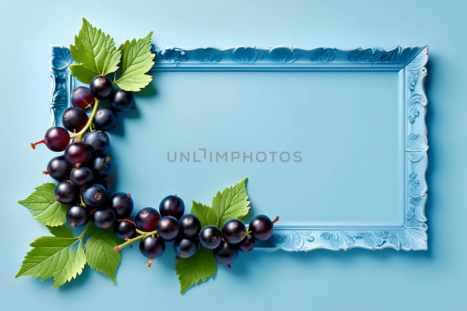 Blue background with black currants. AI generated image.