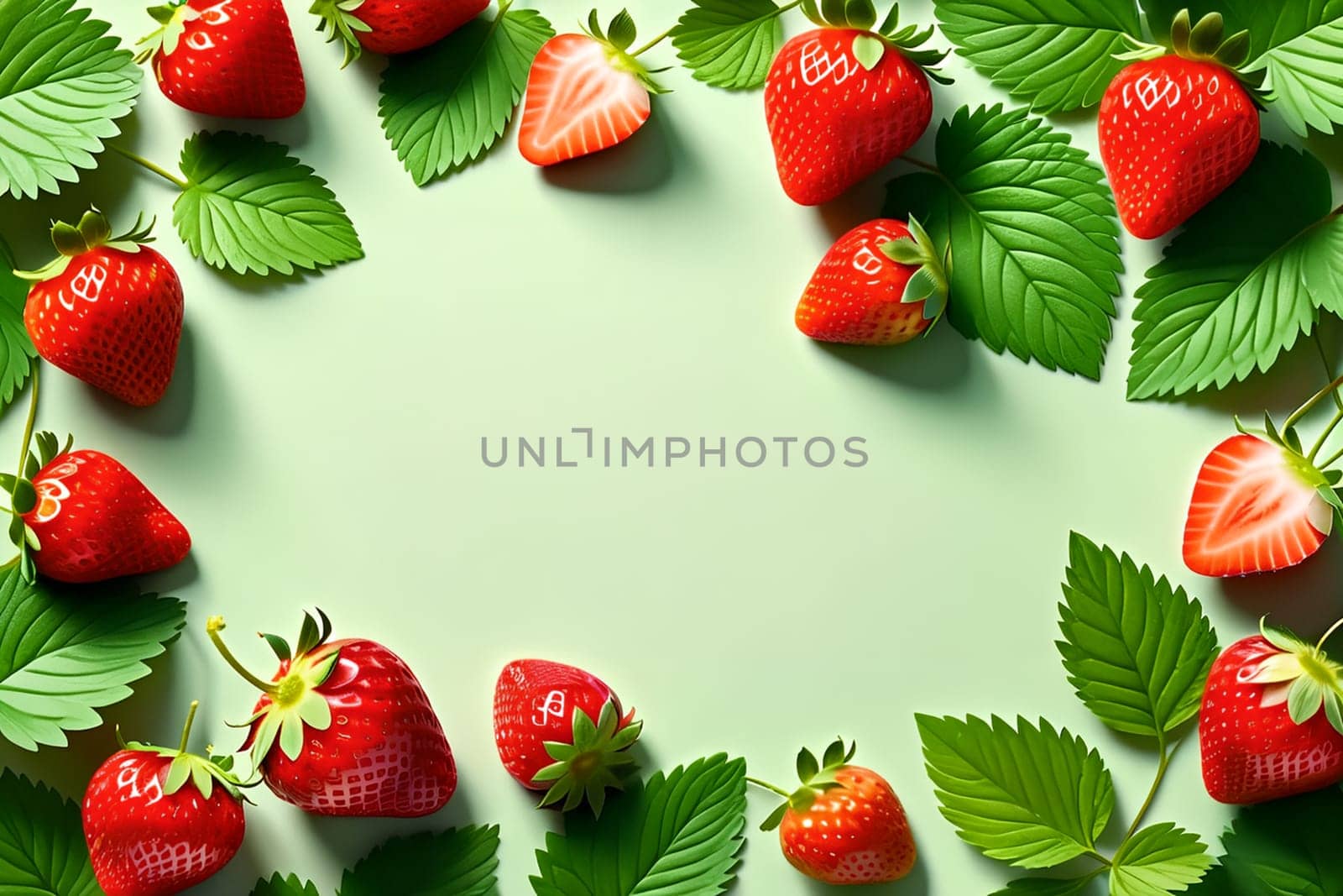 light green background with red strawberries. AI generated image.