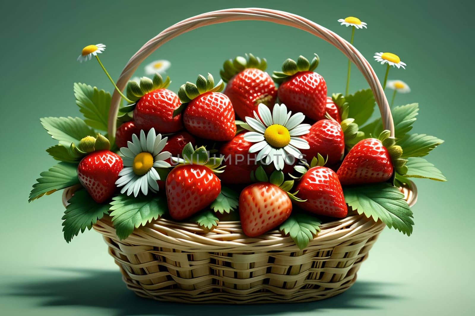 Basket with fresh strawberries. AI generated image.