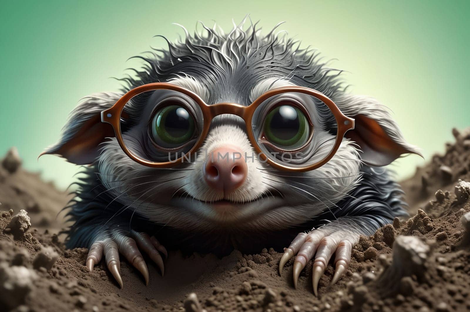 a blind mole crawled out of the ground. AI generated image.