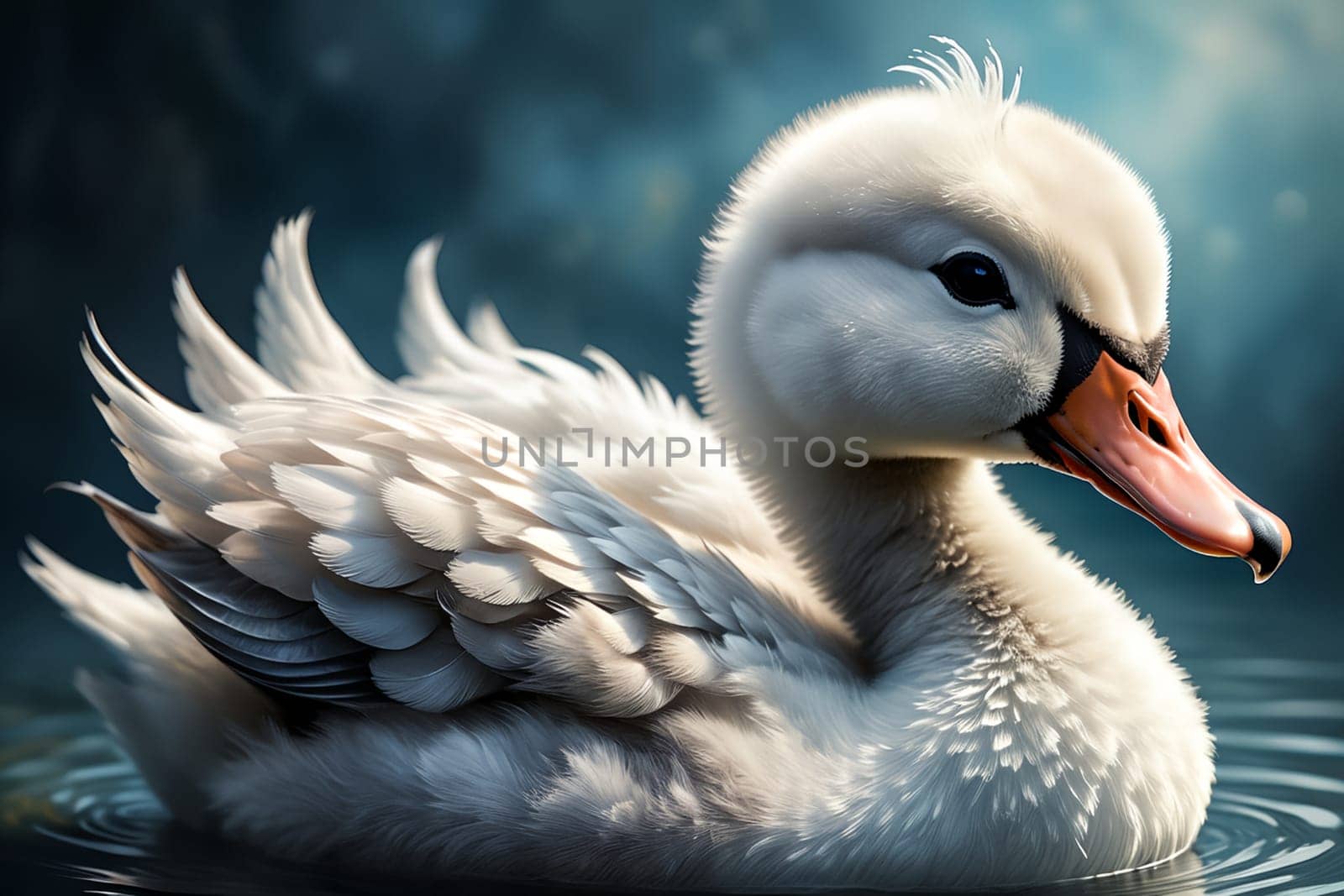 Cute little swan in the environment. AI generated image.