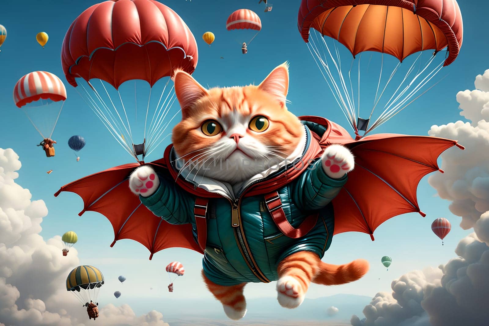 red cat in a jacket flies in the sky, parachuting, playing sports . AI generated image.