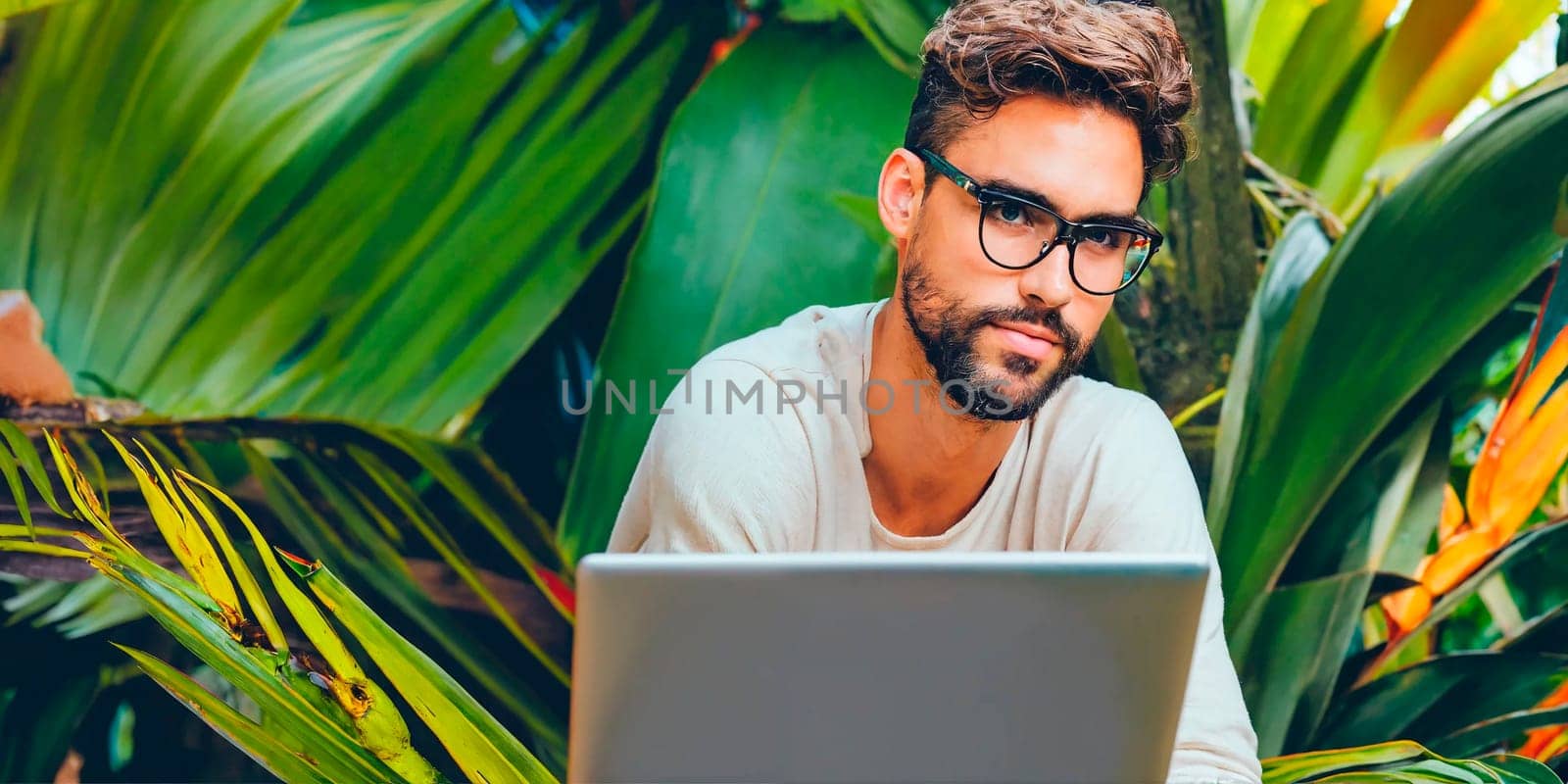 A man with glasses works at a computer in the tropics. Generative AI by gordiza