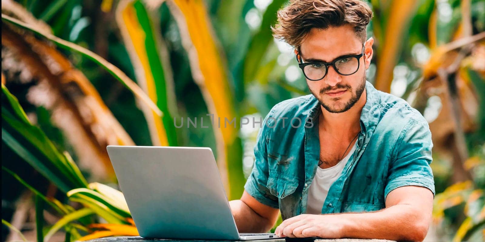 A man with glasses works at a computer in the tropics. Generative AI. High quality photo
