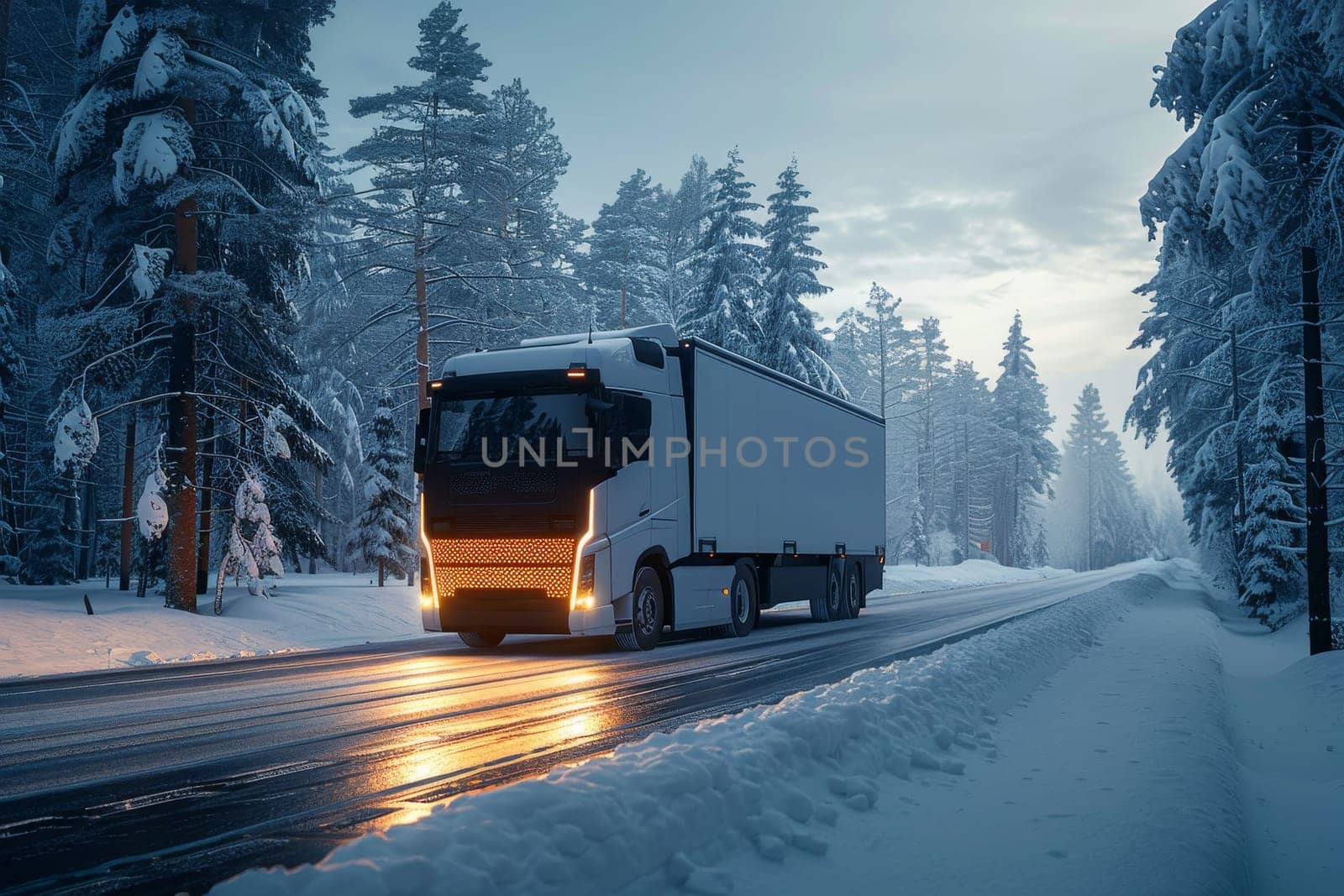 A large semi truck is driving down a snowy road. The truck is surrounded by trees and the sky is cloudy. The scene is dark and the truck is the only source of light