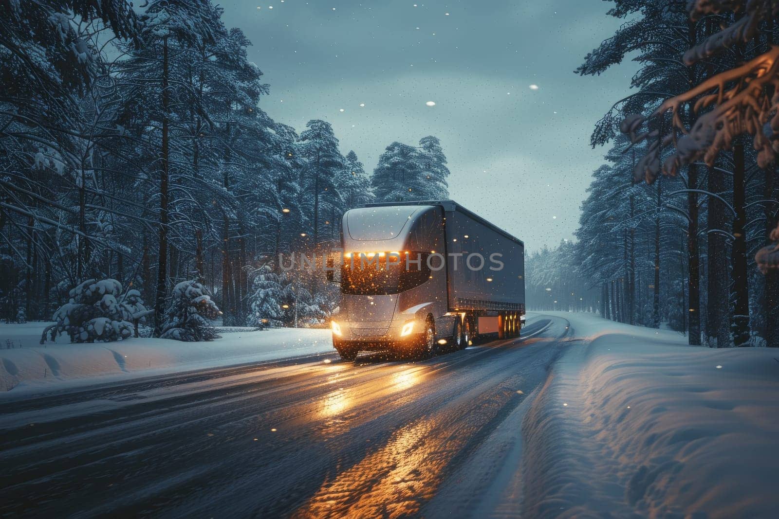 A large semi truck is driving down a snowy road. The truck is surrounded by trees and the sky is cloudy. The scene is dark and the truck is the only source of light