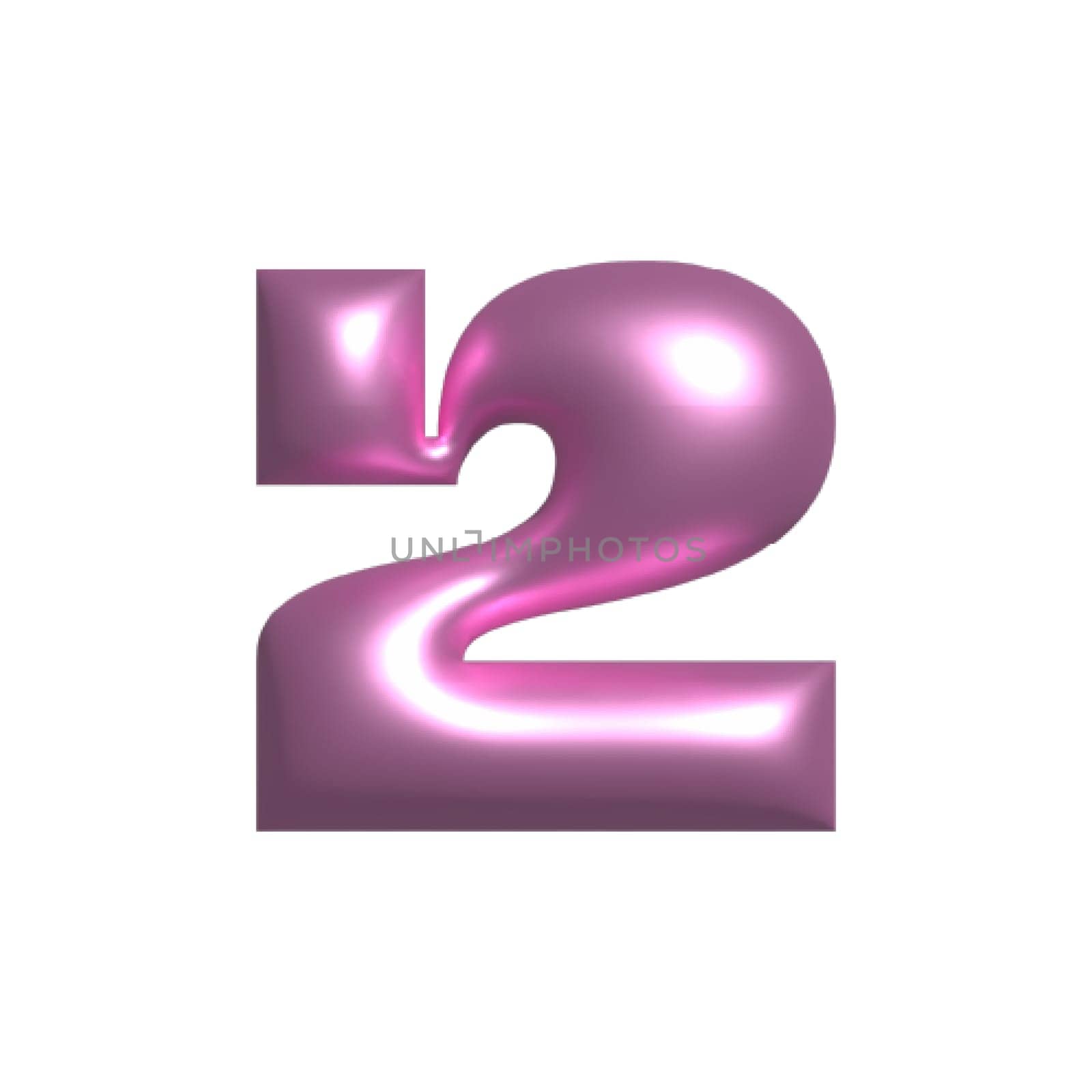 Pink shiny aesthetic metal reflective number 2 3D illustration