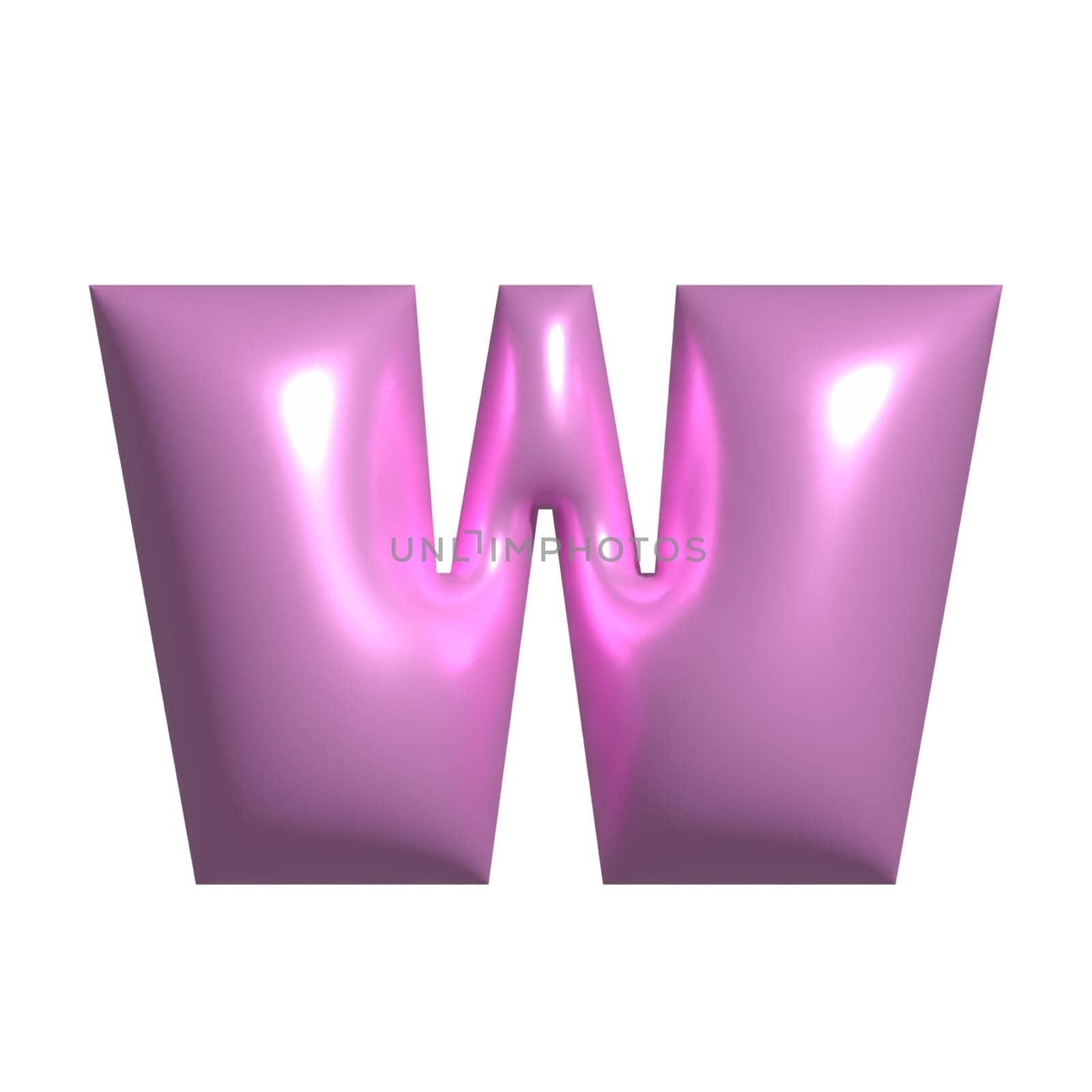 Pink shiny metal shiny reflective letter W 3D illustration