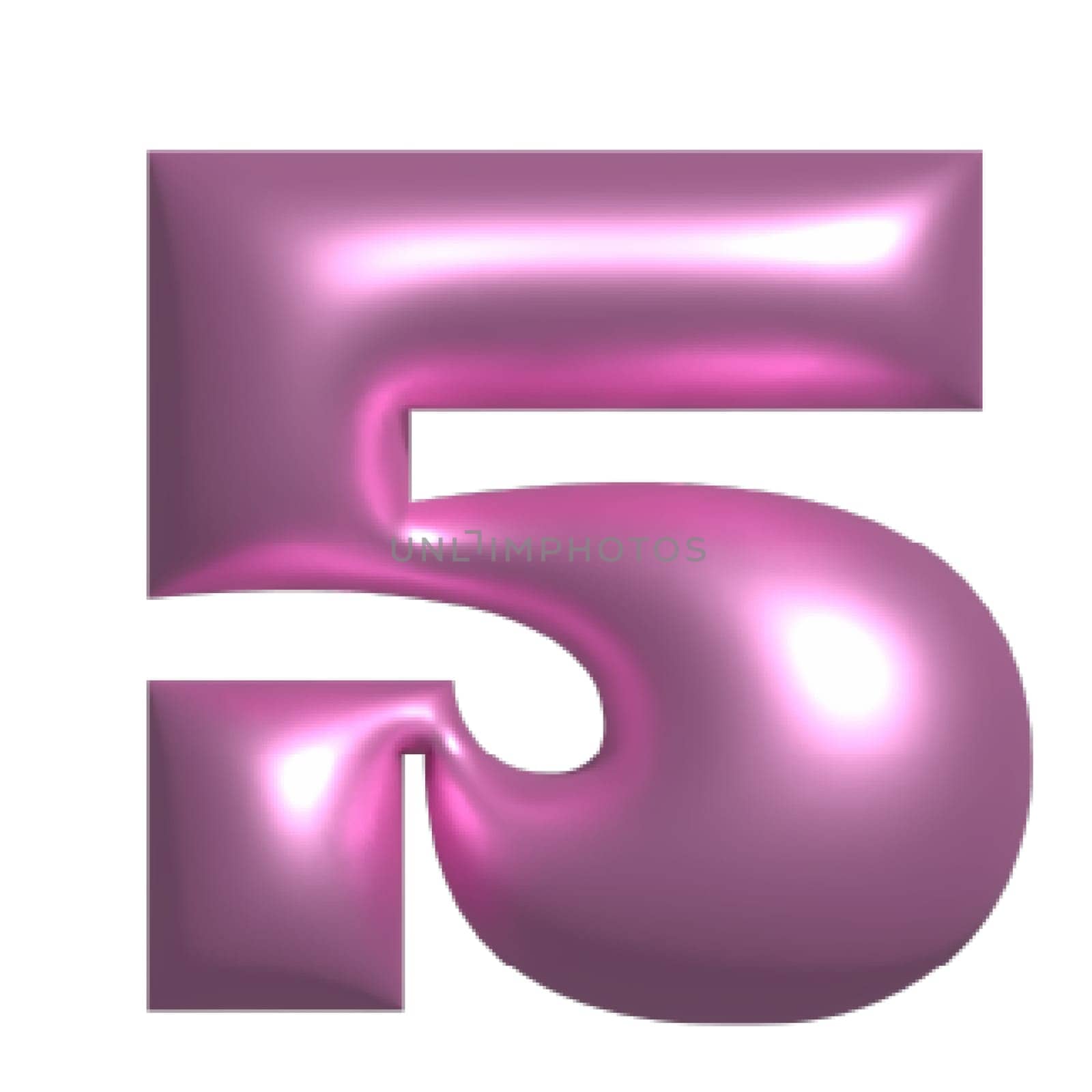 Pink shiny aesthetic metal reflective number 5 3D illustration
