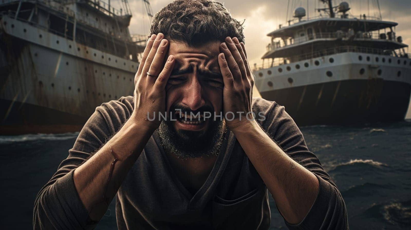 Arab man sits in panic, holding his head with hands, against the background of a cargo ship in the harbor, sea pier full of container ships, the concept of blocked sea routes in sea,Generated AI