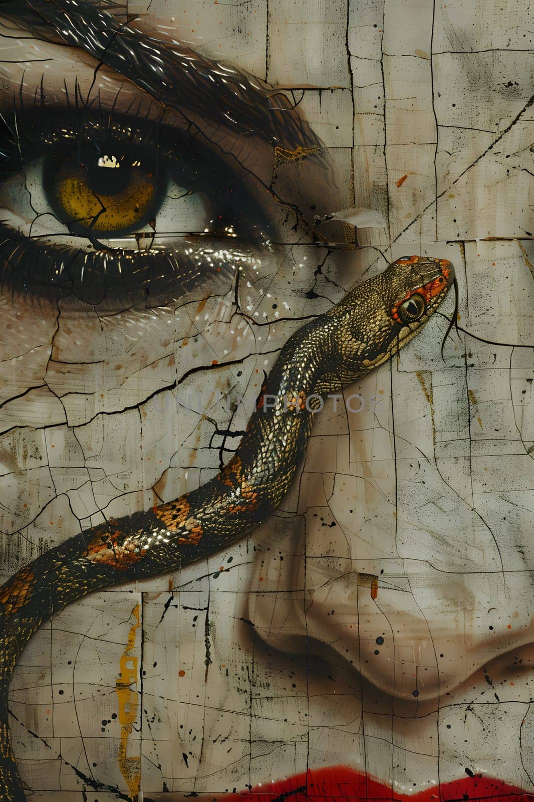 A stunning visual arts piece depicting a woman with a serpent in her mouth, beautifully created with eyelash brushes on wood, a unique illustration